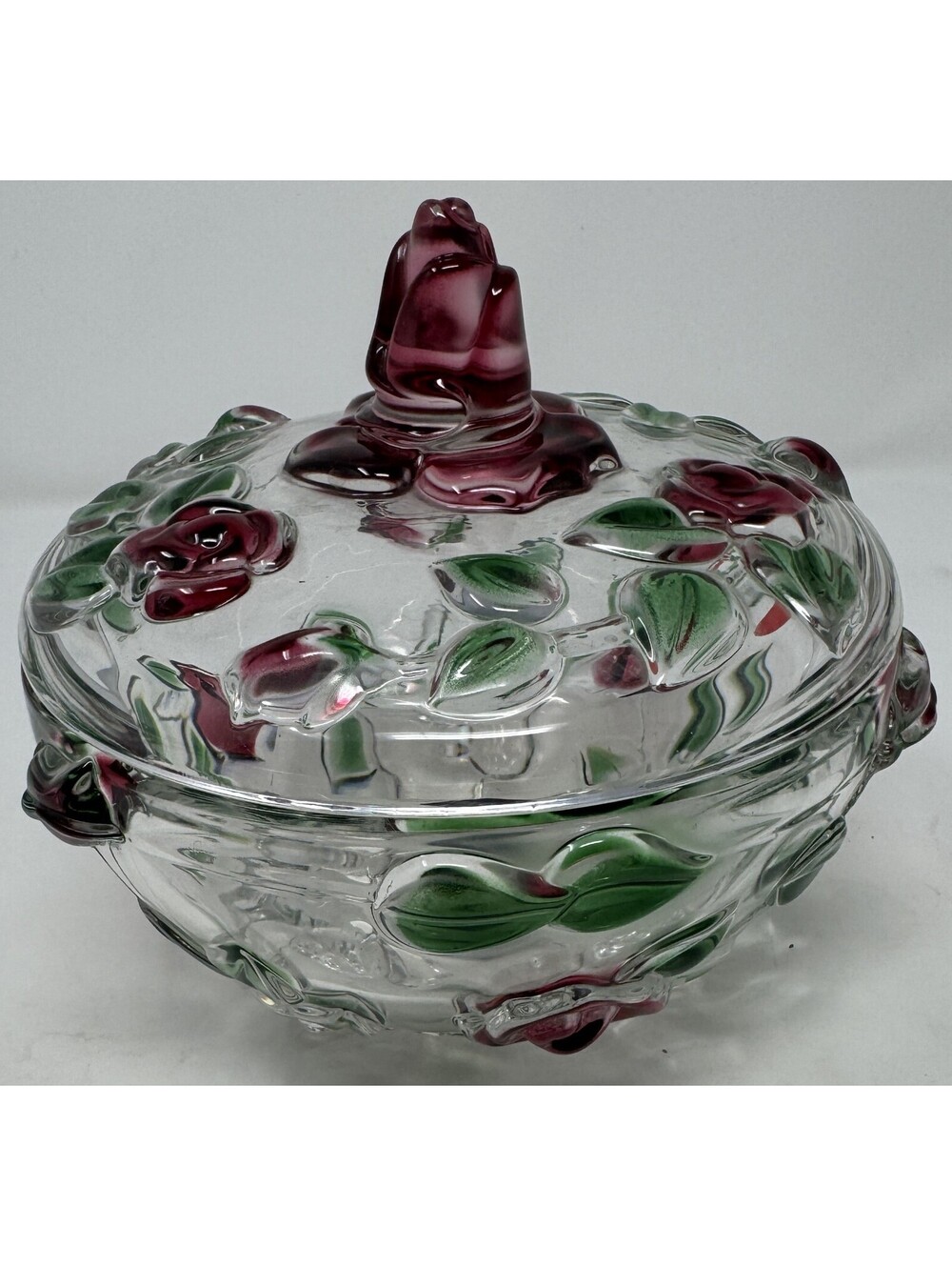 Vintage Mikasa Walther Vintage Glass Candy Dish with Lid Rose and Leaf Design